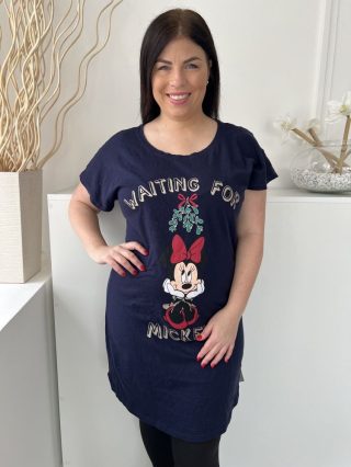    (M) Sötétkék Minnie Egér Mintás, 100% Pamut Alapanyagú Oldalt Sliccelt, Pizsama Ruha