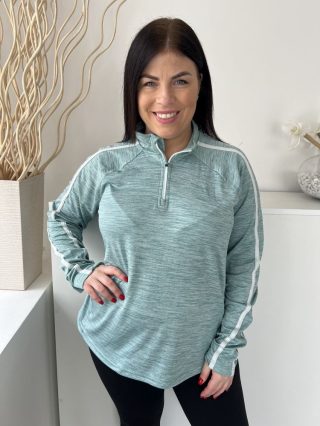   Dunnes (L) Tűrkíz Cirmosmintás, Nyakánál Cipzáros Zsebes, Ujján Fehér Díszcsíkos, Kerekített Aljú Felső