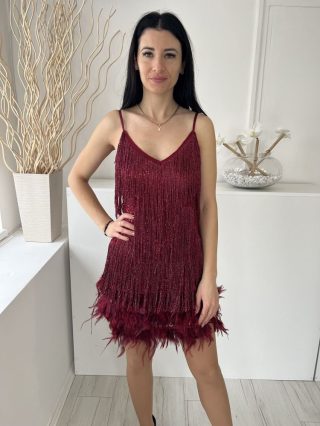    (M) Bordó Anyagában Csillogó Rojtos  Alul Dísztollas, Bélelt Ruha