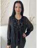   Gallery (M) Fekete Anyagában Mintás, Mellnél és Ujján Flitteres Elől Megkötős Felső