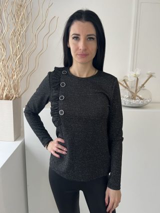   Savida (M) Fekete Anyagában Ezüst Szálas, Díszfodros és Gombos Kerek Nyakú Felső