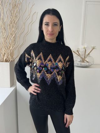   F&F (M) Fekete Mellnél Színes Flitteres Anyagában Szőrös, Magasított Nyakú Felső