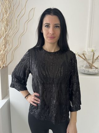   ÚJ ZARA (M) Fekete Flitteres Mintás, Hálós Anyagú Hátul Nyakban Gombos Felső