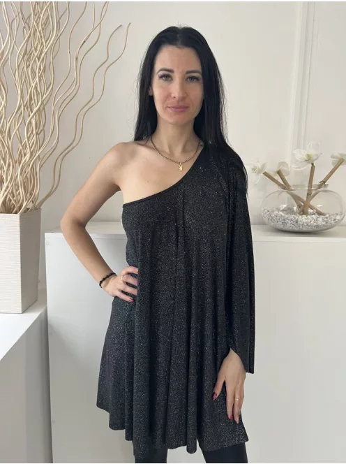 ÚJ Lipsy (M) Fekete Anyagában Ezüst Csillgós Félvállas, Hosszított Fazonú Ruha