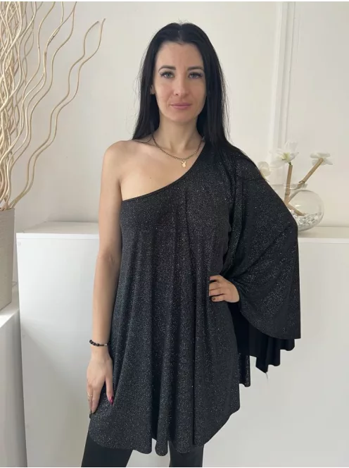 ÚJ Lipsy (M) Fekete Anyagában Ezüst Csillgós Félvállas, Hosszított Fazonú Ruha