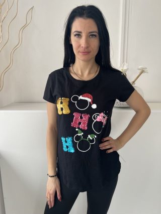  (M) Fekete Flitteres, 100% Pamut Karácsonyi Mintás Póló