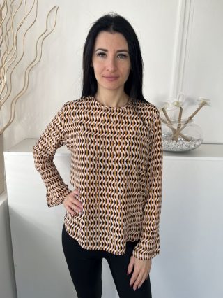   Primark (M) Fehér-Barack-Fekete Mintás, Kerekített Aljú Hátul Nyakban Gombos, Ujján Sliccelt Felső