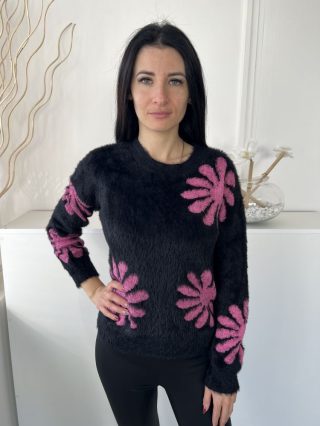   Cameo Rose (S) Fekete Rózsaszín Virágos, Anyagában Szőrös Kerek Nyakú Pulóver