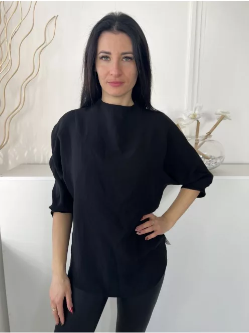 River Island (M) Fekete Hátul Nyakban Gombos Denevér Ujjú, Kerekített Aljú Felső