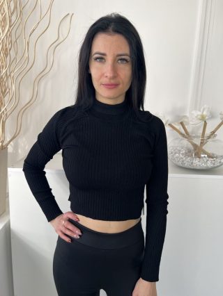   ZARA (M) Fekete Anyagában Bordázott, Magasított Nyakú Rövidített Derekú, Gépikötött Felső