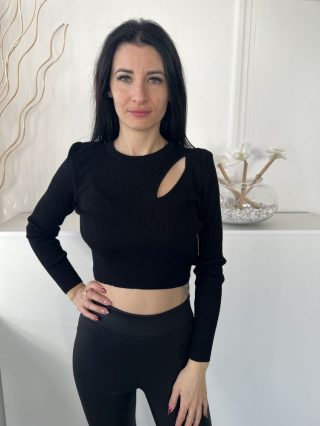   Primark (M) Fekete Felül Kivágott, Kerek Nyakú Anyagában Bordázott, Rövidített Derekú Felső