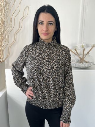   Pieces (S) Fekete Sűrű Drapp Virágos, Nyakánál Darázsolt Derékban és Ujjvégén Gumírozott Felső