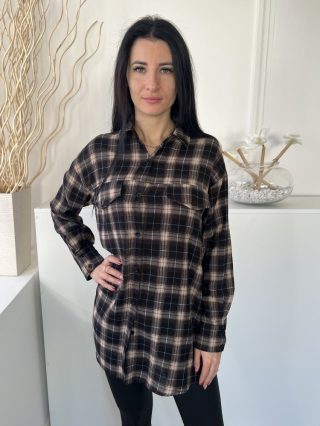   Pretty Little Thing (XS) Fekete-Barna Kockás, Elől Végig Gombos Mellnél Zsebes, Galléros Felső