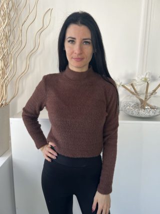   ZARA (M) Barna Magasított Nyakú Anyagában Szőrös, Rövidített Fazonú Felső