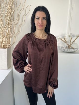   H&M (S) Csokibarna Nyakánál Gumírozott, Buggyos Ujjú Bőfazonú, Hátul Nyakban Megkötős, Fényes Anyagú Felső