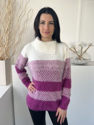   Just Elegance (M) Lila-Fehér Csíkos, Sliccelt Galléros Anyagában Szőrös, Vastag Kötött Pulóver