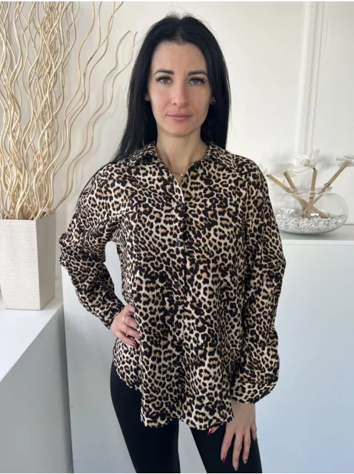 F&F (M) Barna-Sárga Fekete Leopárdmintás, Elől Végig Gombos Galléros Felső