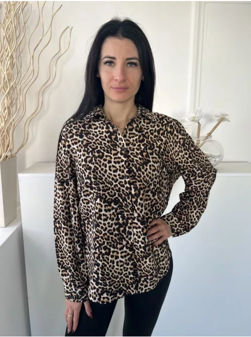 F&F (M) Barna-Sárga Fekete Leopárdmintás, Elől Végig Gombos Galléros Felső