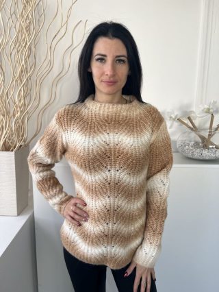   Damart (M) Barna-Fehér Mintás, Anyagában Lyukacsos 5% Gyapjú Alapanyagú, Vastag Kötött Pulóver