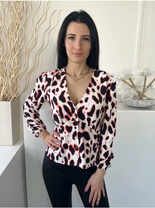 River Island (M) Fehér Fekete Foltmintás, Elől Végig Gombos Buggyos Ujjú, Gumis Ujjvégű Felső