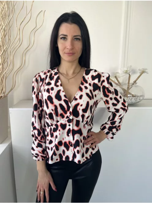 River Island (M) Fehér Fekete Foltmintás, Elől Végig Gombos Buggyos Ujjú, Gumis Ujjvégű Felső