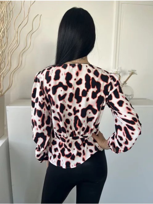 River Island (M) Fehér Fekete Foltmintás, Elől Végig Gombos Buggyos Ujjú, Gumis Ujjvégű Felső