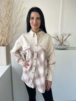   ÚJ River Island (M) Drapp Mályva Kockás, Elől Végig Gombos Mellnél Díszzsebes, Vastag Flanel Anyagú Felső