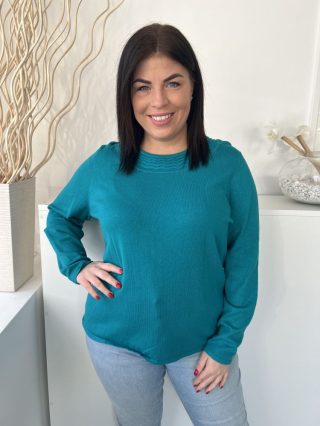   BM Collection (L) Zöldeskék Nyakánál Mintás Vékony Gépikötött Felső