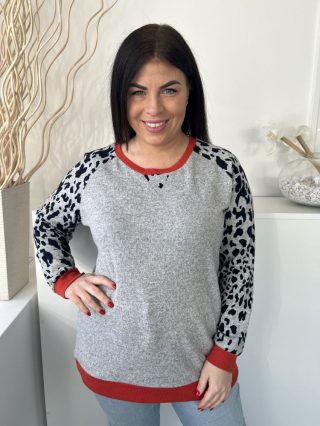   Stella Morgan (M) Szürke Ujján Fekete Foltmintás, Kerek Nyakú Kellemes Puha Anyagú Felső