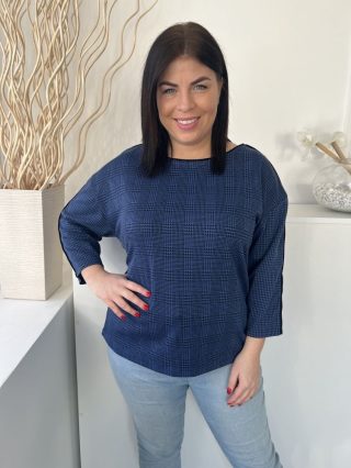   ÚJ M&S (L) Sötétkék Fekete apró Tyúklábmintás, Csónak Nyakú Ujján Fekete Díszcsíkos, Jersey Anyagú Felső