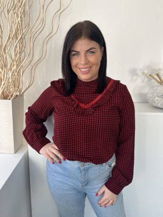   Lovie&Co (L) Fekete Apró Piros Tyúklábmintás Mellnél Fodros, Hátul Nyakban Gombos Felső