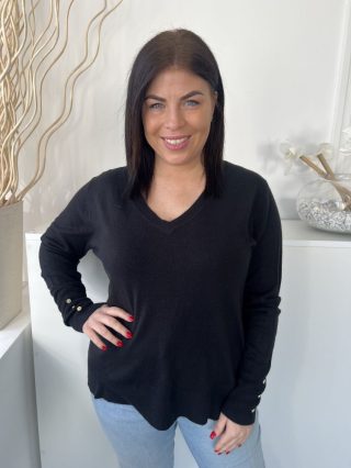   Primark (L) Fekete V Kivágású, Oldalt Sliccelt Ujjvégén Díszgombos, Gépikötött Felső