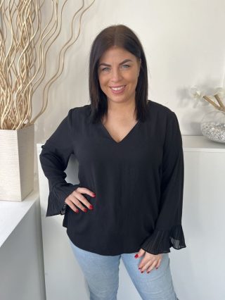   ÚJ Dunnes (L) Fekete V Kivágású, Pliszírozott Ujjvégű Enyhén Áttetsző Felső