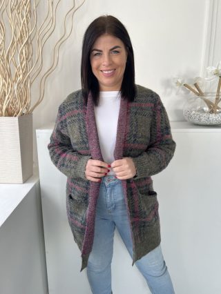   Hepburn (L) Khaki-Rózsaszín Kockás, Zsebes Kapocs Nélküli, Vastag Kötött Kardigán