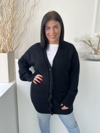   H&M (XS) Fekete Elől Végig Gombos, Zsebes 6% Gyapjú Alapanyagú, Vastag Kötött Kardigán