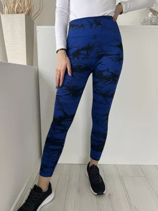    (M) Királykék Fekete Márvány Mintás Derékban Varrás Nélküli, Rugalmas Anyagú Nadrág