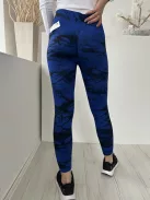  (M) Királykék Fekete Márvány Mintás Derékban Varrás Nélküli, Rugalmas Anyagú Nadrág