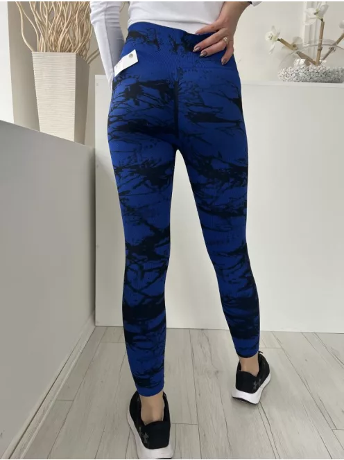  (M) Királykék Fekete Márvány Mintás Derékban Varrás Nélküli, Rugalmas Anyagú Nadrág