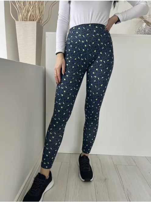 Dunnes (S) Sötétkék Neon Zöld Foltmintás Gumisderekú, Rugalmas Anyagú Nadrág