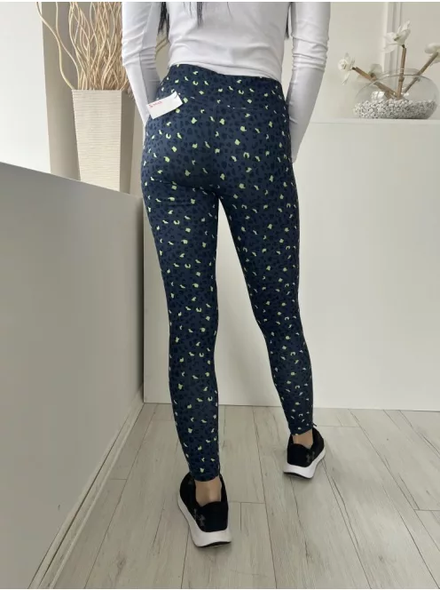 Dunnes (S) Sötétkék Neon Zöld Foltmintás Gumisderekú, Rugalmas Anyagú Nadrág