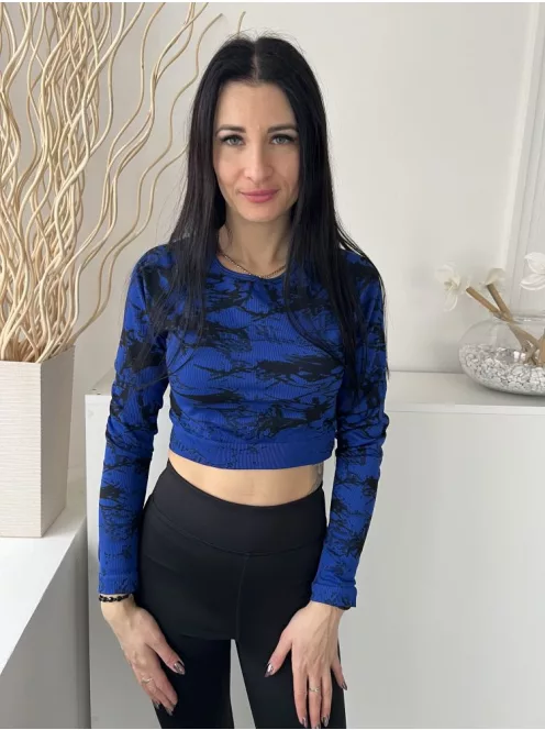  (M) Királykék Fekete Márvány Mintás Anyagában Bordázott, Rövidderkú Felső