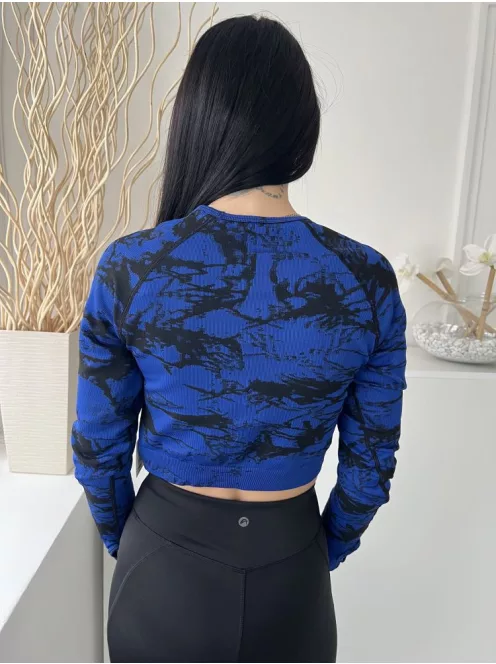  (M) Királykék Fekete Márvány Mintás Anyagában Bordázott, Rövidderkú Felső