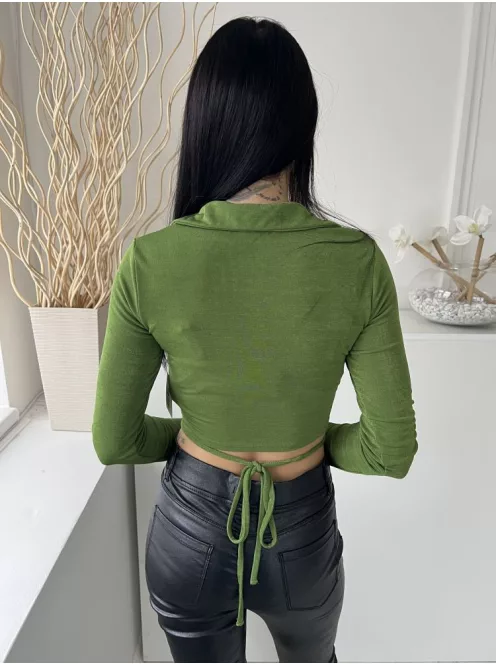 Bershka (M) Fűzöld Elől Végig Gombos, Galléros Derékban Megköthető, Fényes Anyagú Felső