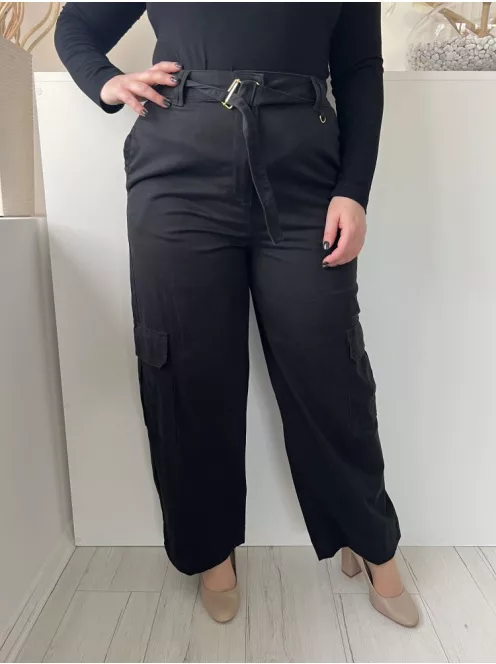 F&F (L) Fekete Elől Gombos, Öves Oldalt Zsebes, Bőszárú Nadrág