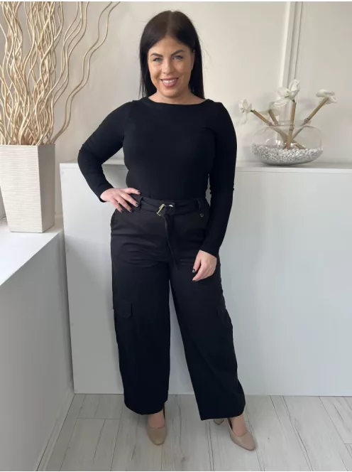 F&F (L) Fekete Elől Gombos, Öves Oldalt Zsebes, Bőszárú Nadrág