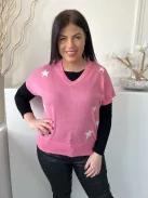 F&F (M) Rózsaszín Fehér Csillagos, V Kivágású Enyhén Áttetsző, Vékony Kötött Felső