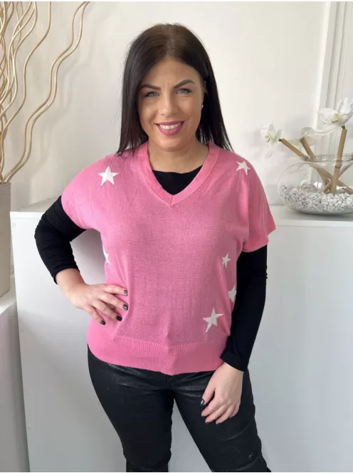 F&F (M) Rózsaszín Fehér Csillagos, V Kivágású Enyhén Áttetsző, Vékony Kötött Felső