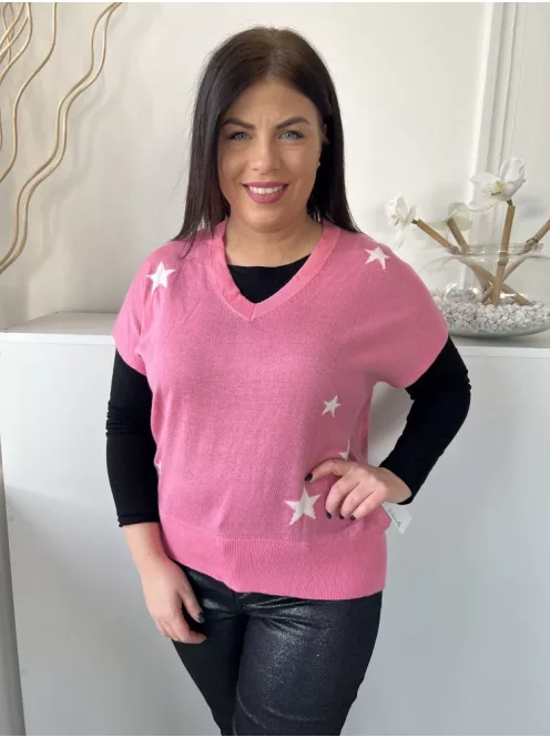 F&F (M) Rózsaszín Fehér Csillagos, V Kivágású Enyhén Áttetsző, Vékony Kötött Felső