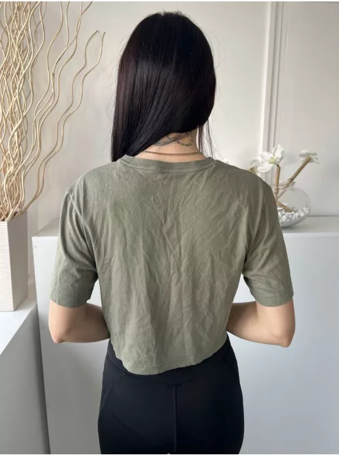 Adidas (XS) Khaki Feliratos, Kerek Nyakú Rövid Derekú, 100% Pamut Alapanyagú Felső