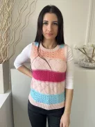 M&S (S) Barack-Pink-Kék Anyagában Lyukacsos, Kerek Nyakú Ujjatlan, Kötött Felső